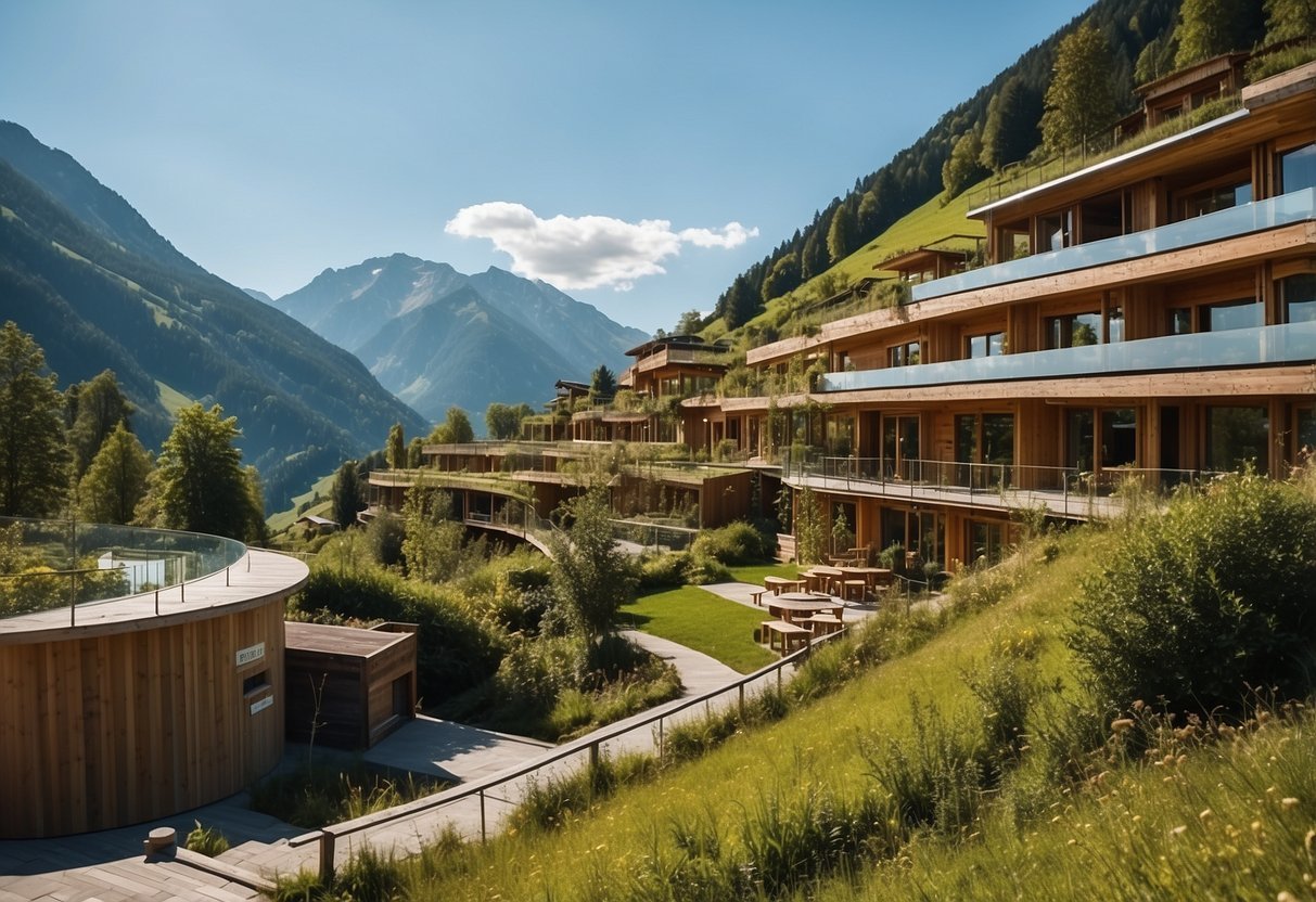 A serene scene of a sustainable bio hotel nestled in the Austrian mountains, surrounded by lush greenery and clear blue skies