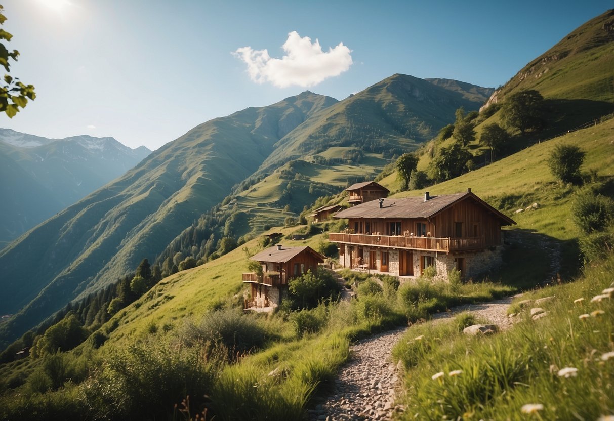 A serene mountain landscape with a rustic bio hotel nestled among green hills and a clear blue sky in the background