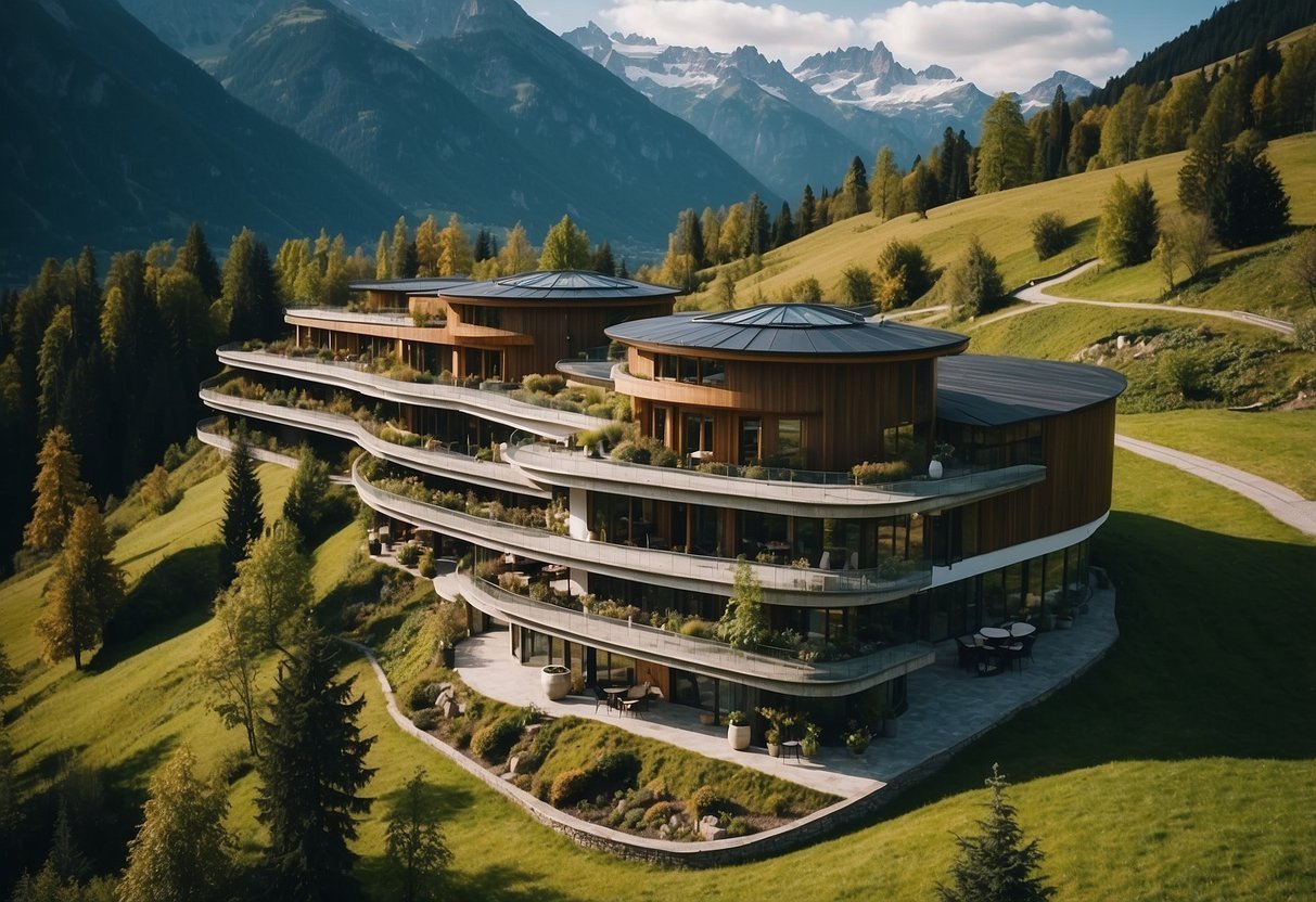 A serene bio hotel nestled in the Austrian cities, surrounded by lush greenery and snow-capped mountains