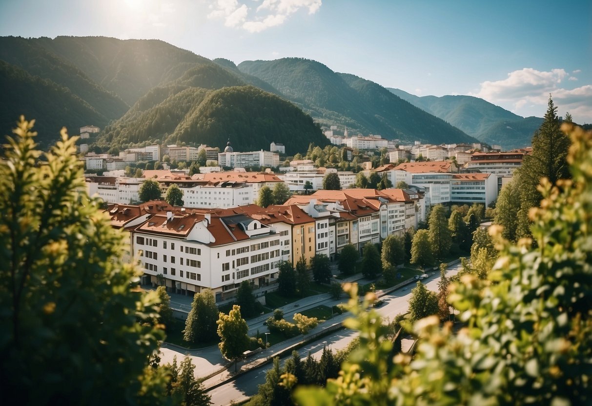 A serene Austrian cityscape with a prominent Bio Hotel nestled among the buildings, surrounded by lush greenery and clear blue skies