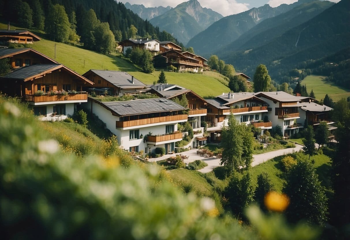 A serene, eco-friendly cityscape with a lush green landscape and a welcoming Bio Hotel in Austria
