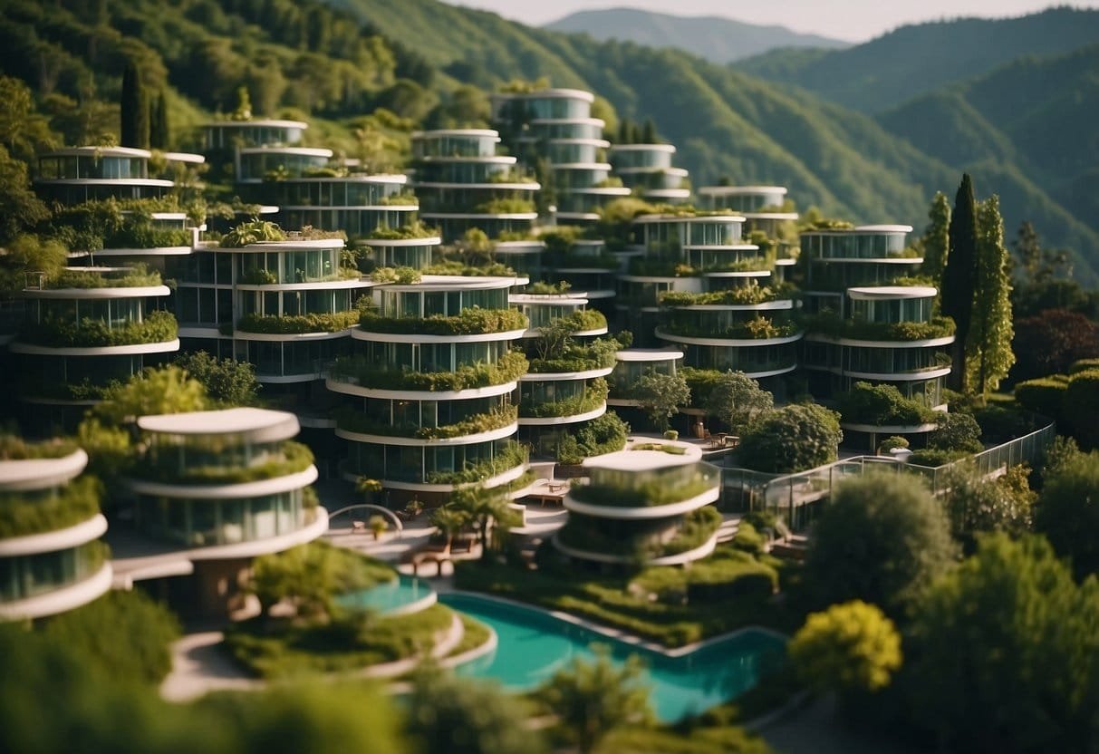 A serene green cityscape with a Bio Hotel nestled among lush surroundings, inviting guests to relax and enjoy eco-friendly urban activities