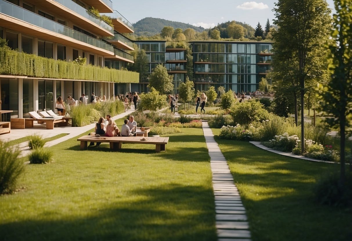 A vibrant city scene with a lush green park, eco-friendly buildings, and people enjoying outdoor activities in an Austrian Bio Hotel