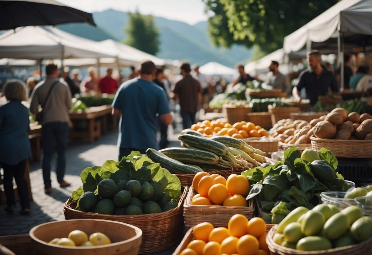A bustling outdoor market at a bio hotel in Austria, with vendors selling fresh produce, local delicacies, and environmentally friendly products