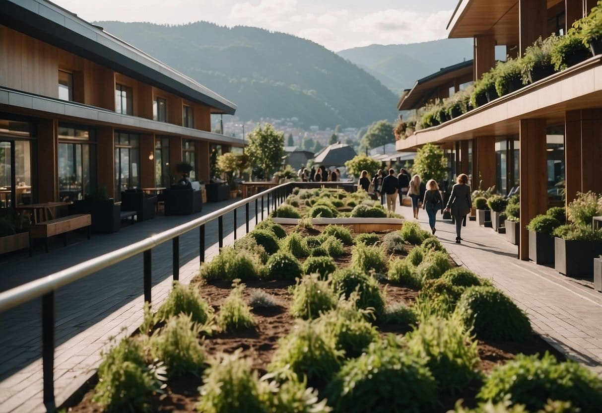 A bustling city scene in Austria's Bio Hotel, showcasing eco-friendly activities and sustainable behaviors for a green urban vacation