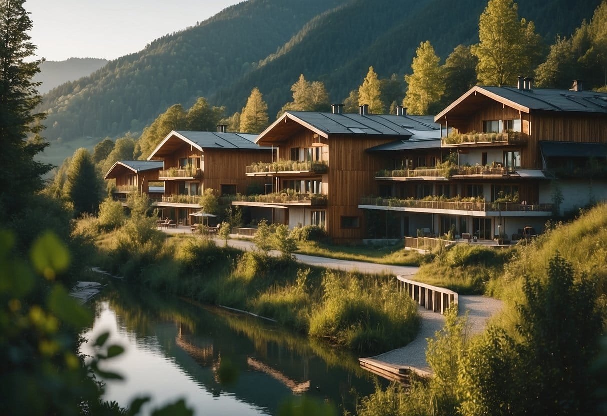 A serene bio hotel nestled in the Austrian countryside, surrounded by lush greenery and sustainable practices, offering tips for eco-friendly urban getaways