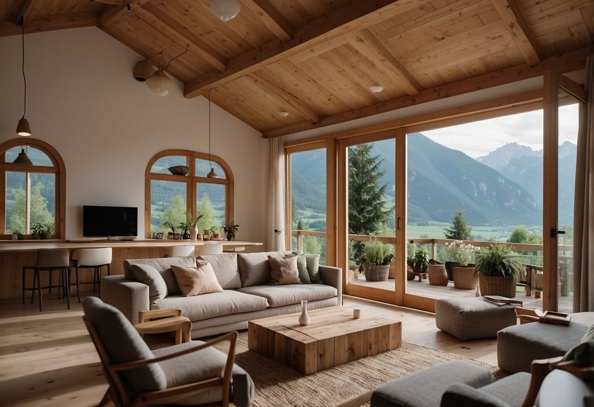 A cozy, eco-friendly hotel in Austria with a focus on organic cuisine, surrounded by lush green mountains and a serene natural landscape