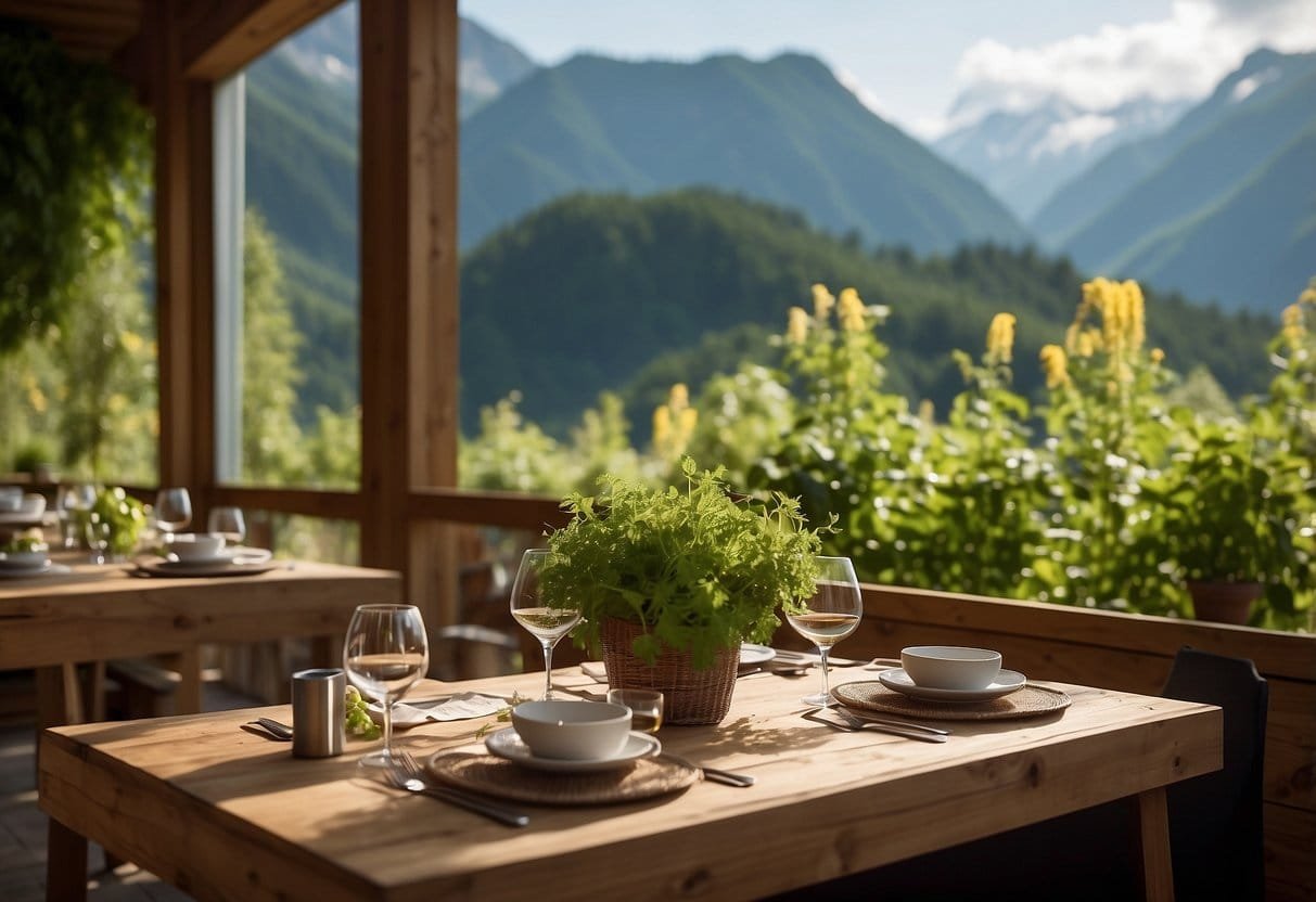 A lush green landscape surrounds a cozy, sustainably designed Bio Hotel in Austria. A table is set with an array of fresh, organic ingredients, showcasing the hotel's commitment to Bio-Kulinarik