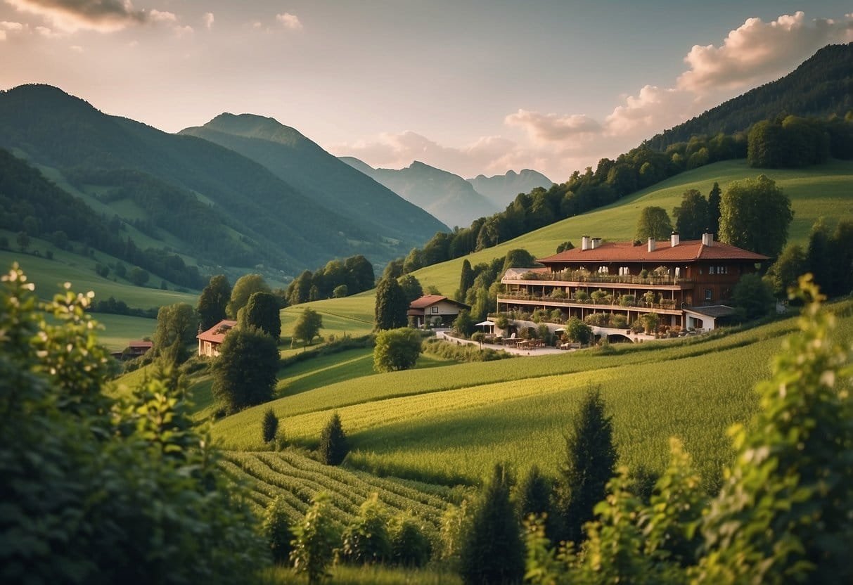 A lush green landscape with a charming bio hotel nestled in the Austrian countryside, showcasing sustainable practices and organic culinary delights