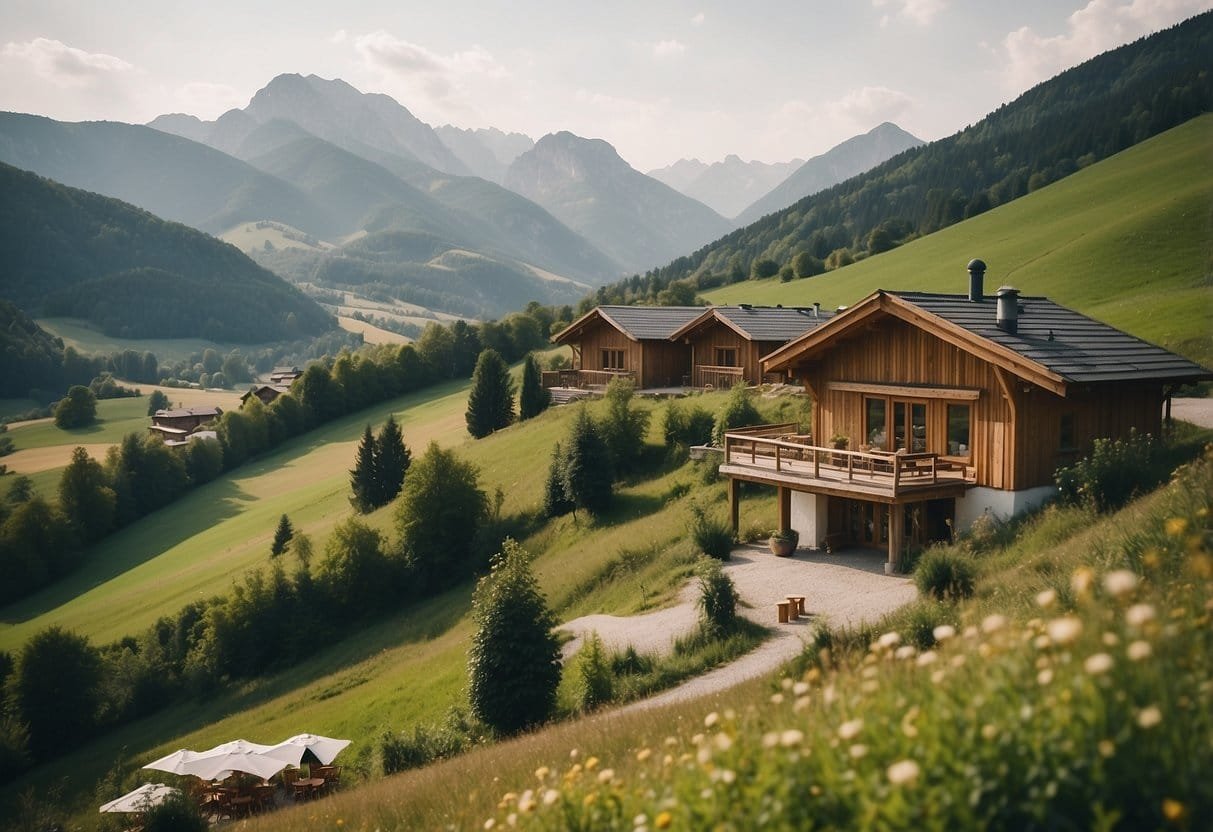 A serene Austrian landscape with a bio hotel nestled among rolling hills, showcasing sustainable practices and organic cuisine