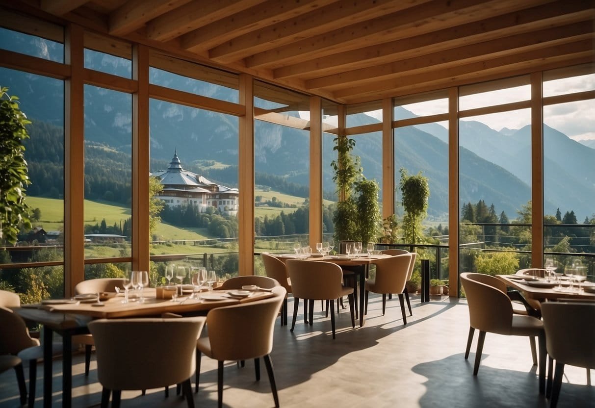 A serene Austrian bio hotel with sustainable cuisine, surrounded by lush greenery and mountains, exuding a peaceful and eco-friendly atmosphere