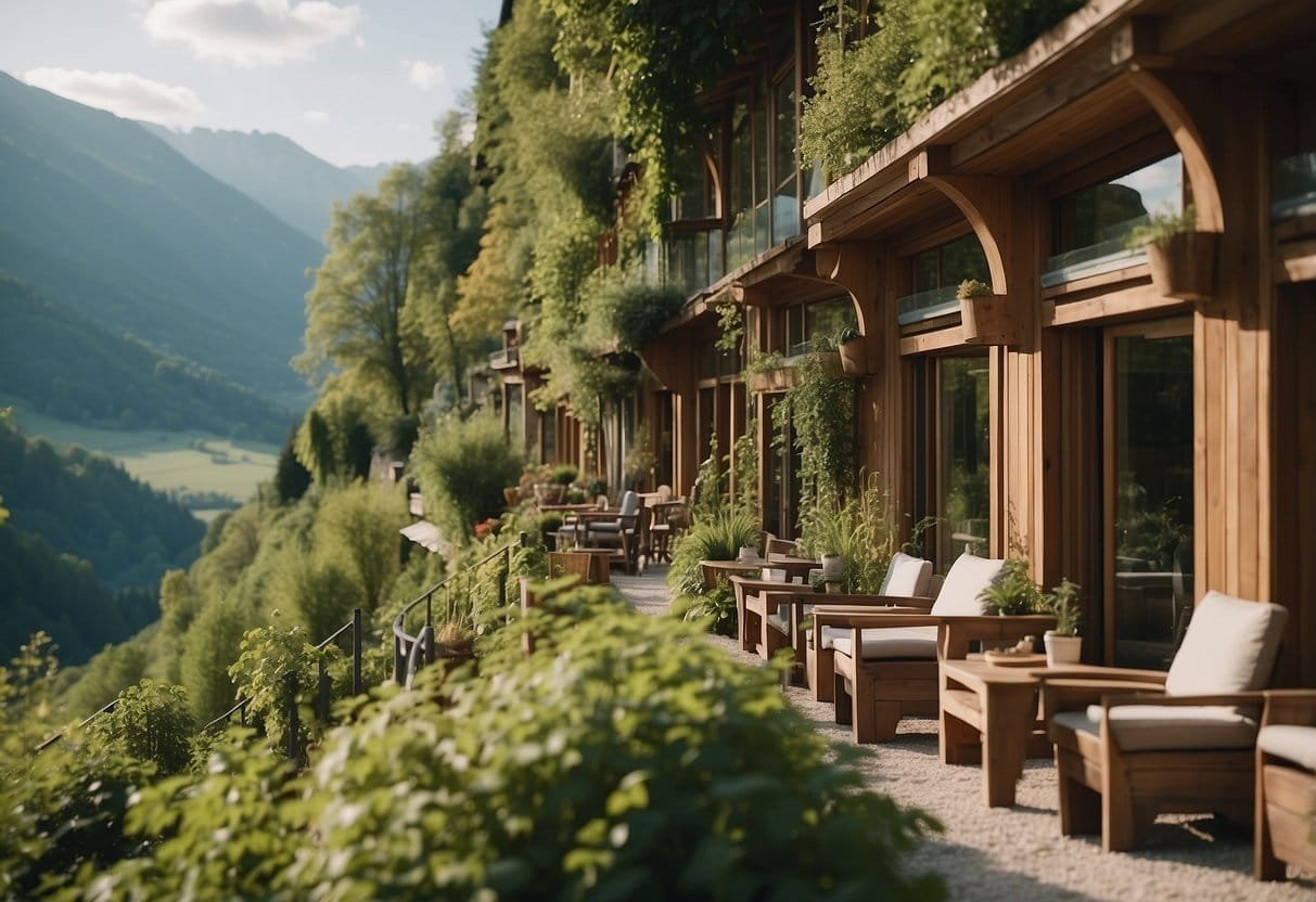 A serene Austrian bio hotel with sustainable cuisine, surrounded by lush greenery and nestled in the picturesque landscape