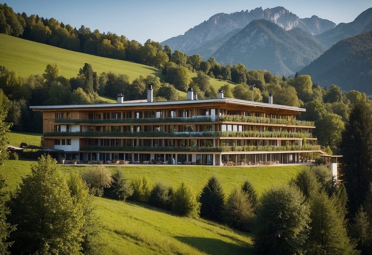 A vegetarian bio hotel in Austria with organic cuisine, surrounded by lush green mountains and a clear blue sky