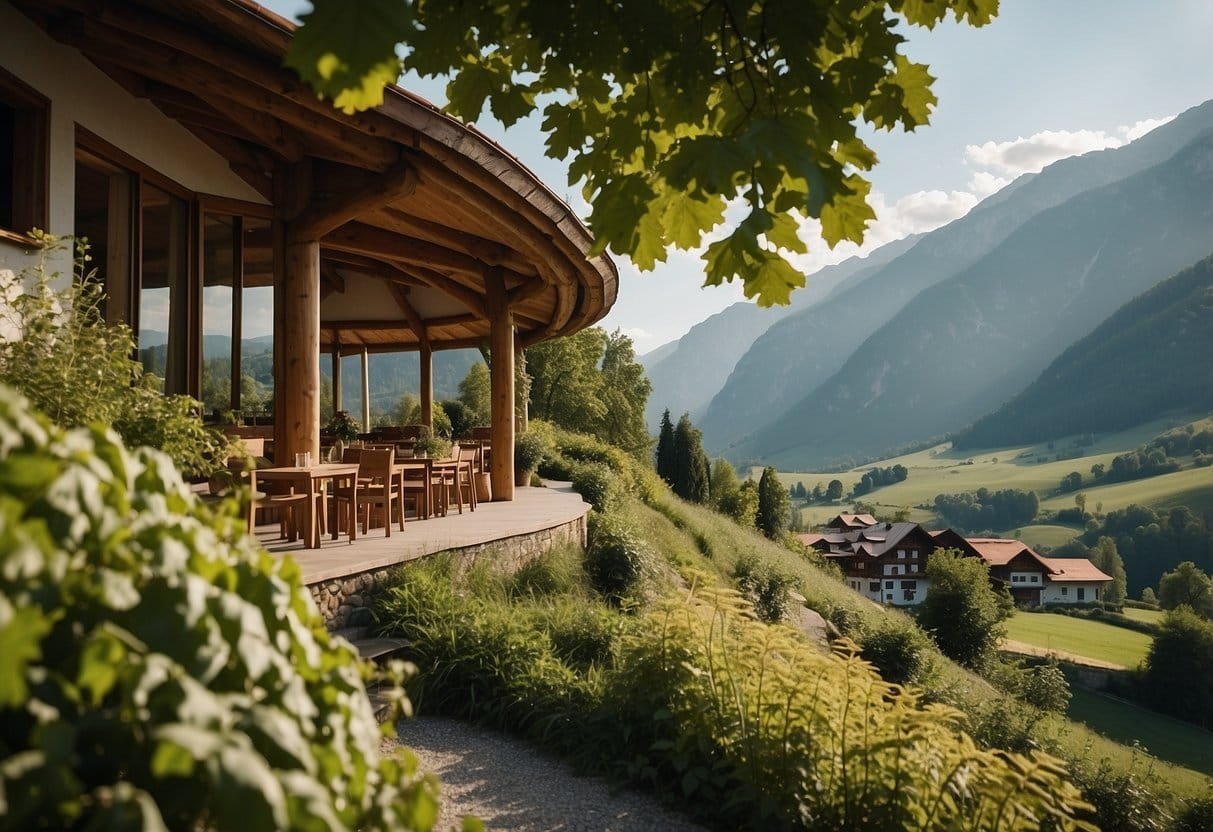 A serene Austrian landscape with a vegetarian bio hotel nestled among lush greenery, showcasing the organic culinary offerings of the region
