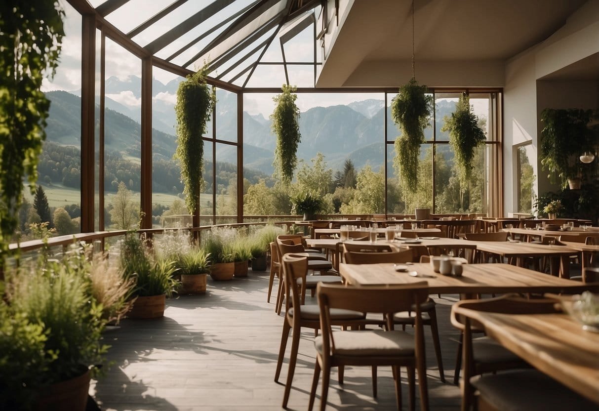 A serene scene of a sustainable vegetarian bio hotel in Austria, featuring organic cuisine and eco-friendly travel experiences