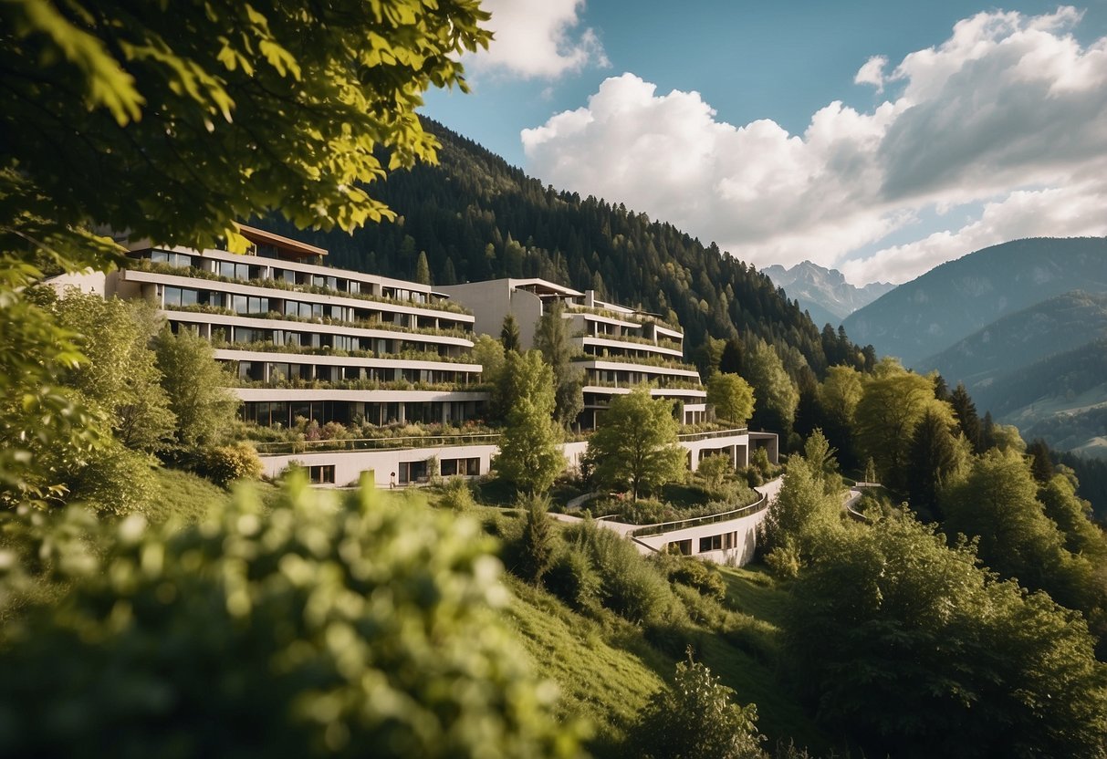 A serene Austrian landscape with a modern, eco-friendly hotel nestled among lush greenery, showcasing a vibrant vegan culinary experience