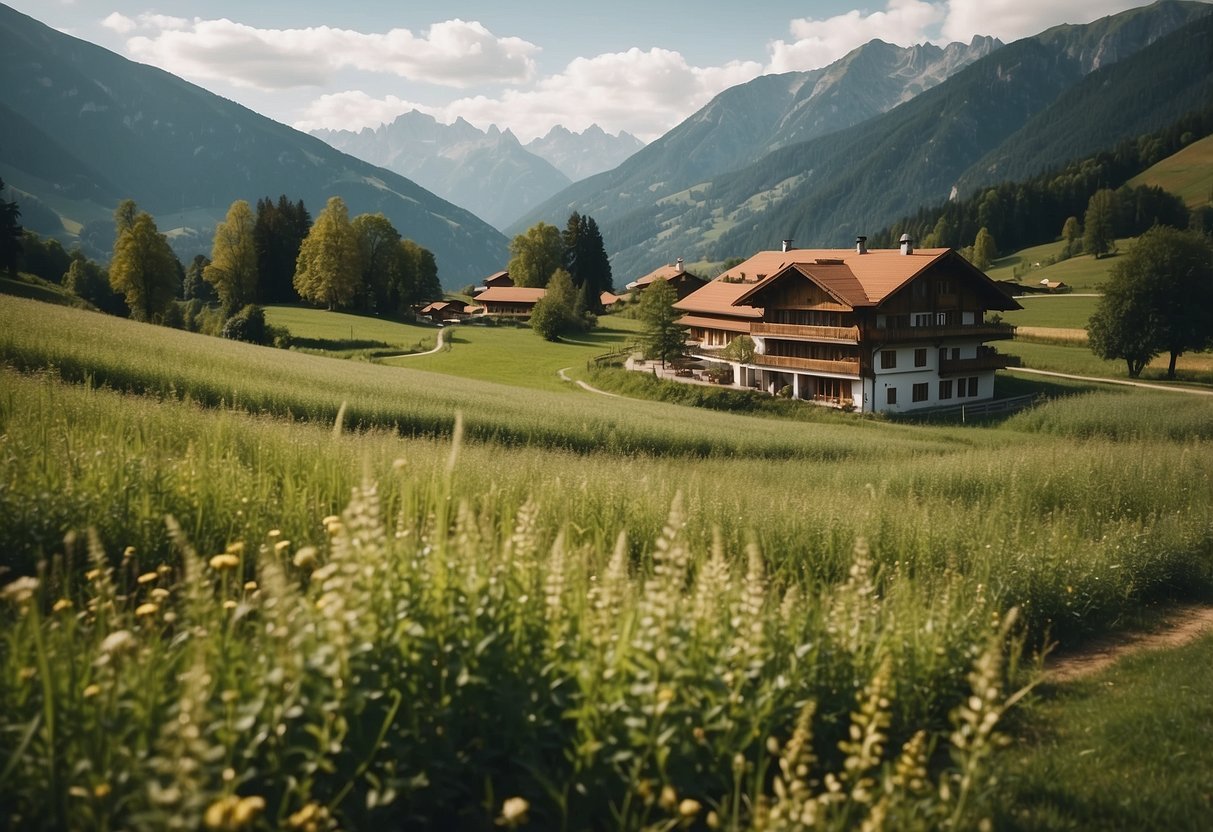 A serene Austrian landscape with a vegan bio hotel, showcasing organic cuisine and eco-friendly accommodations