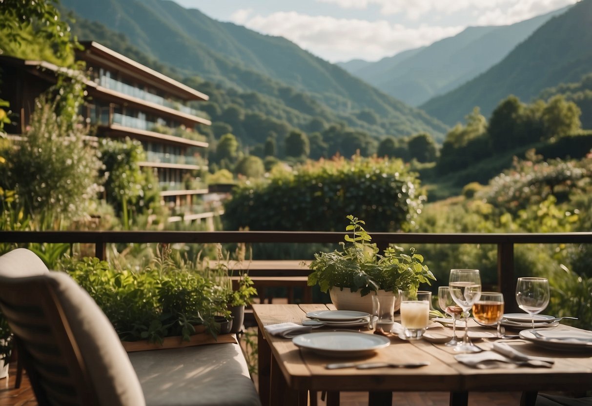 A serene mountain landscape with a modern, eco-friendly hotel nestled among lush greenery, surrounded by organic gardens and a farm-to-table restaurant