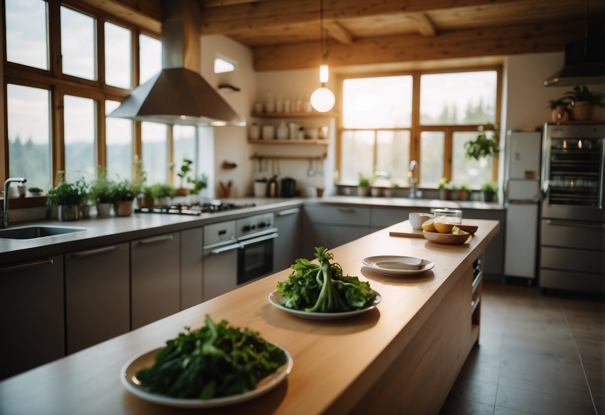 A sustainable kitchen in an Austrian vegan bio hotel, featuring organic cuisine and ingredients