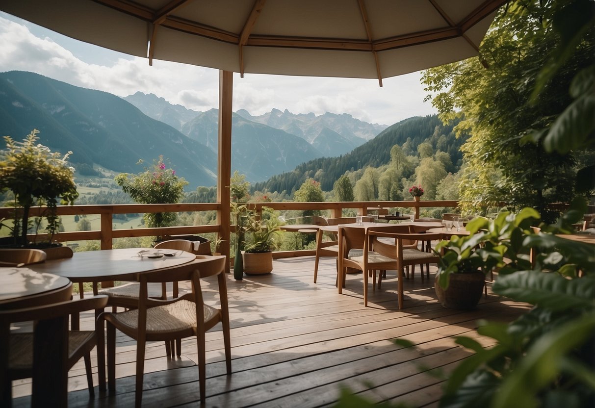 A serene vegan bio hotel in Austria, surrounded by lush greenery and serving organic cuisine