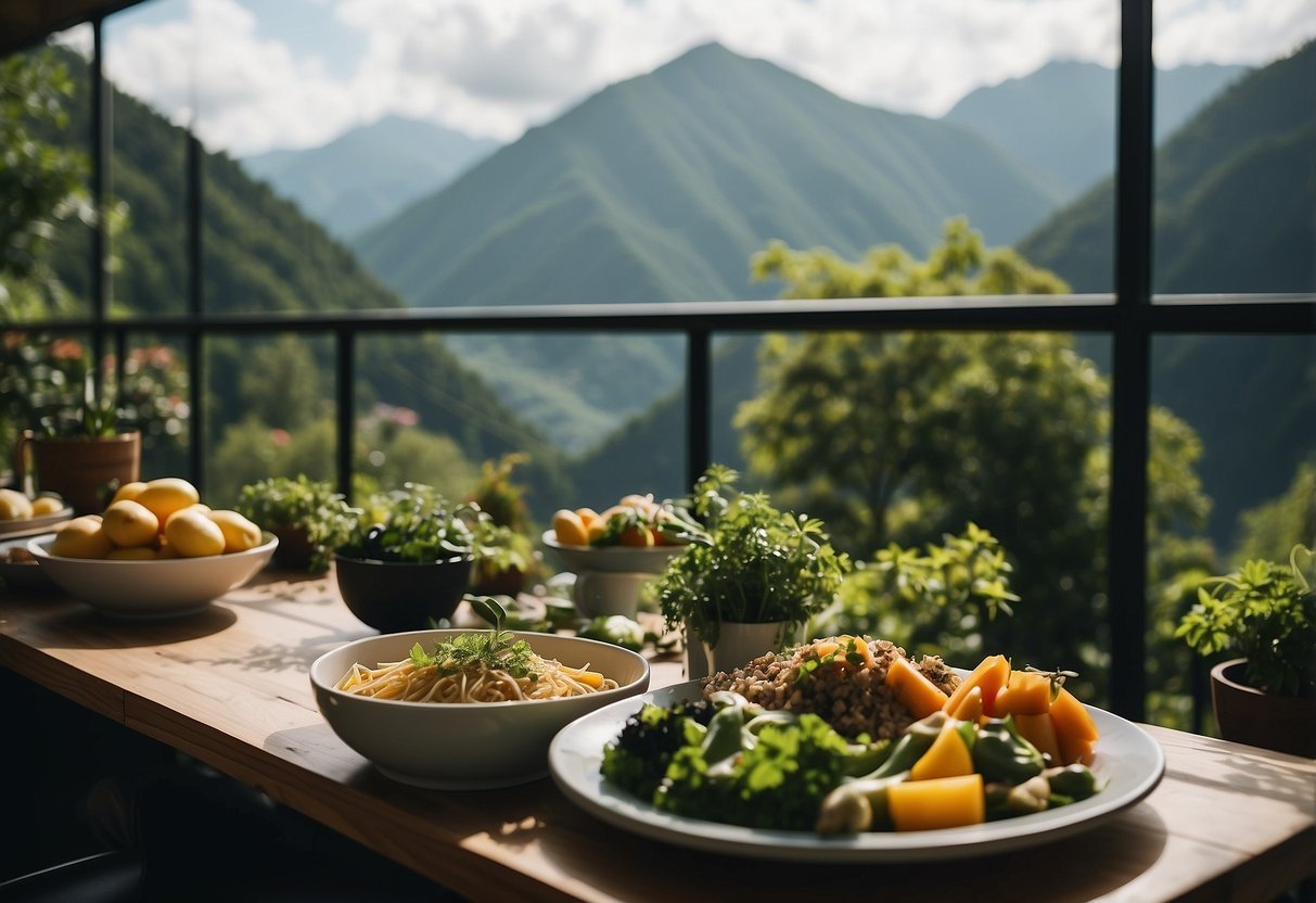 A serene mountain landscape with a modern eco-friendly hotel nestled among lush greenery, showcasing a variety of vegan dishes and organic produce