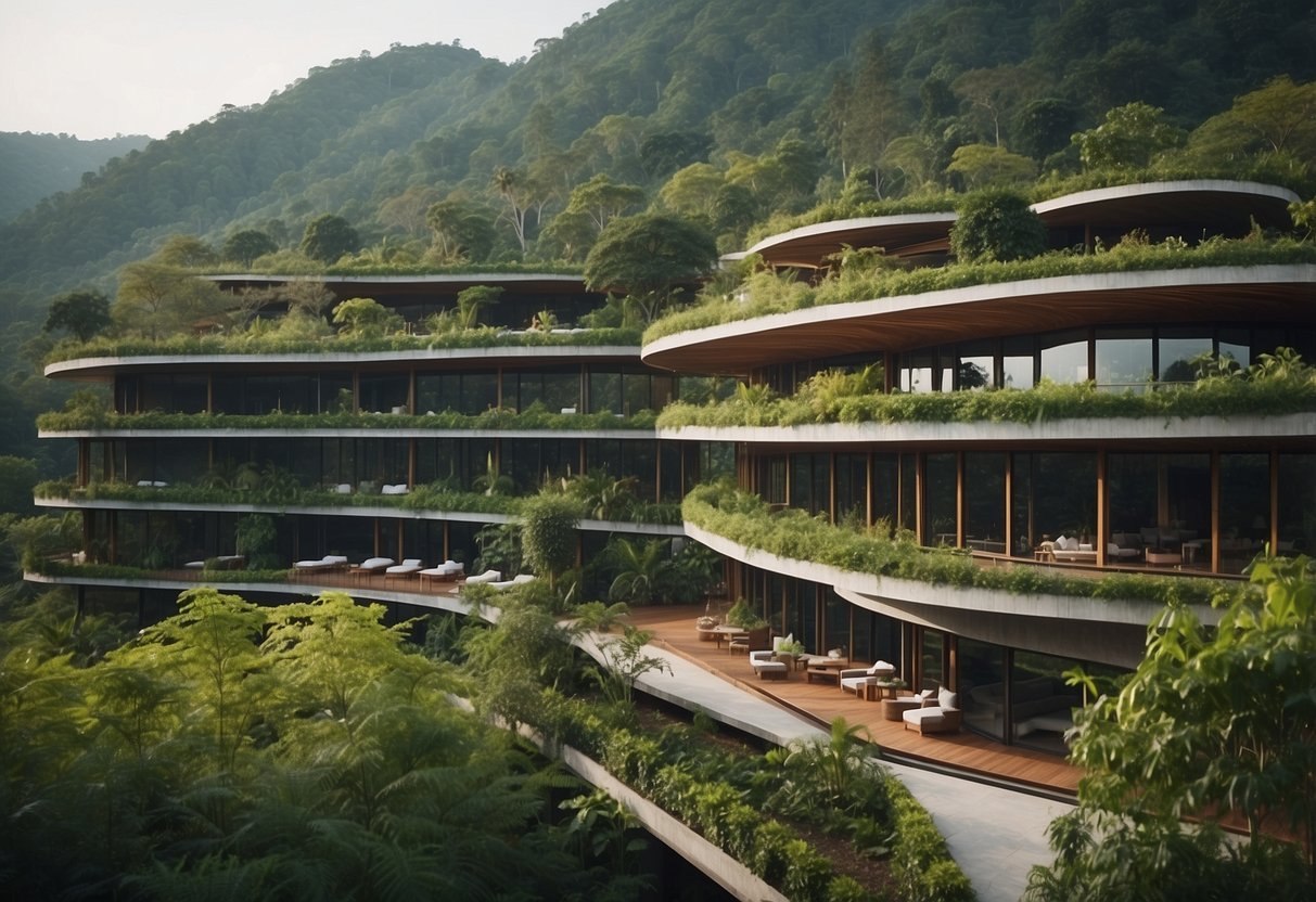 A serene bio hotel for a health retreat, surrounded by lush greenery and sustainable architecture