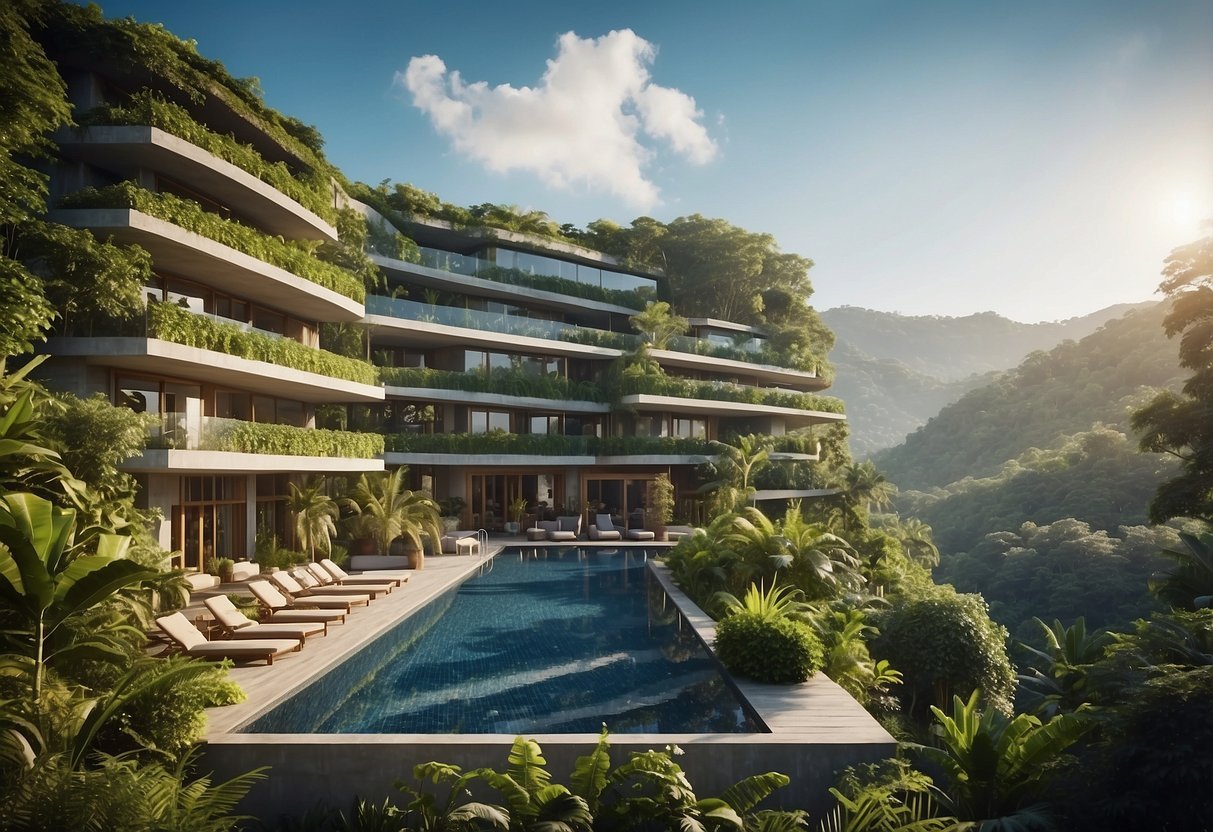 A serene bio hotel surrounded by lush greenery, with sustainable features for a health-conscious vacation
