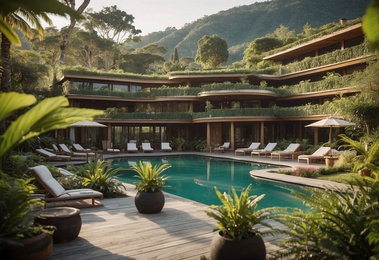 A serene bio hotel with lush surroundings, promoting wellness and health for a rejuvenating health retreat