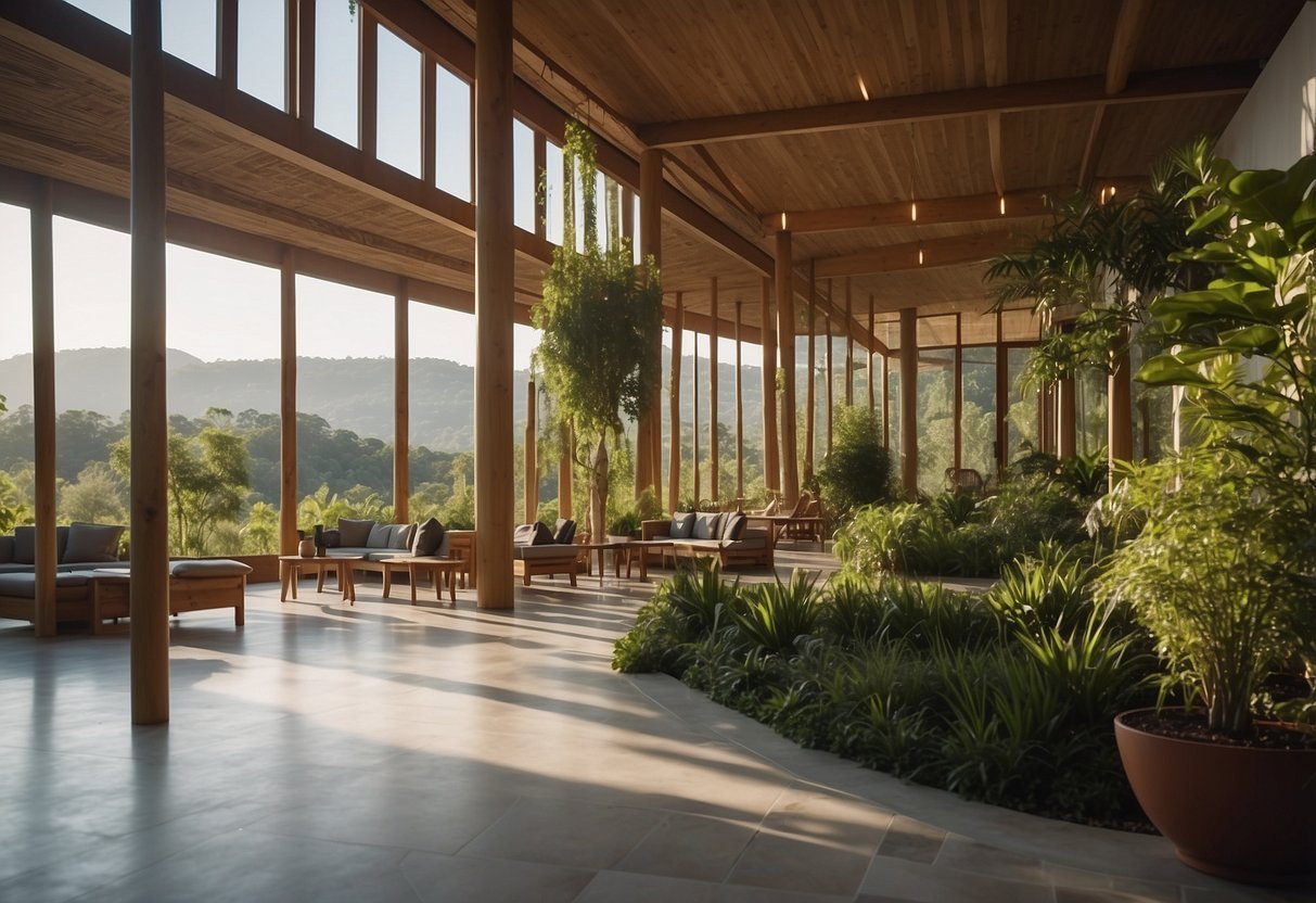 A serene scene of a sustainable bio hotel for a health retreat, with lush gardens and eco-friendly architecture