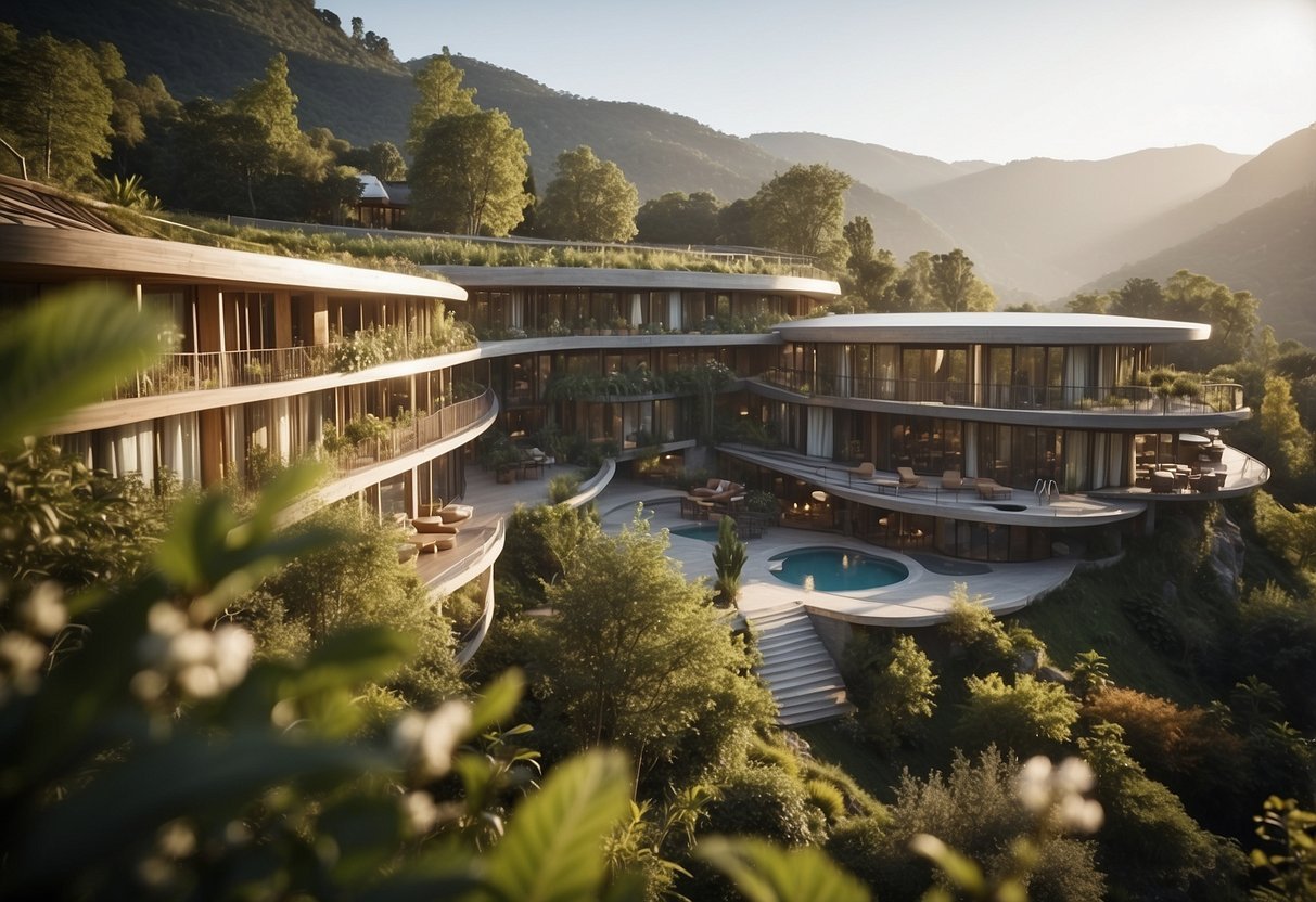 A serene bio hotel nestled in nature, offering sustainable leisure activities for a rejuvenating health retreat