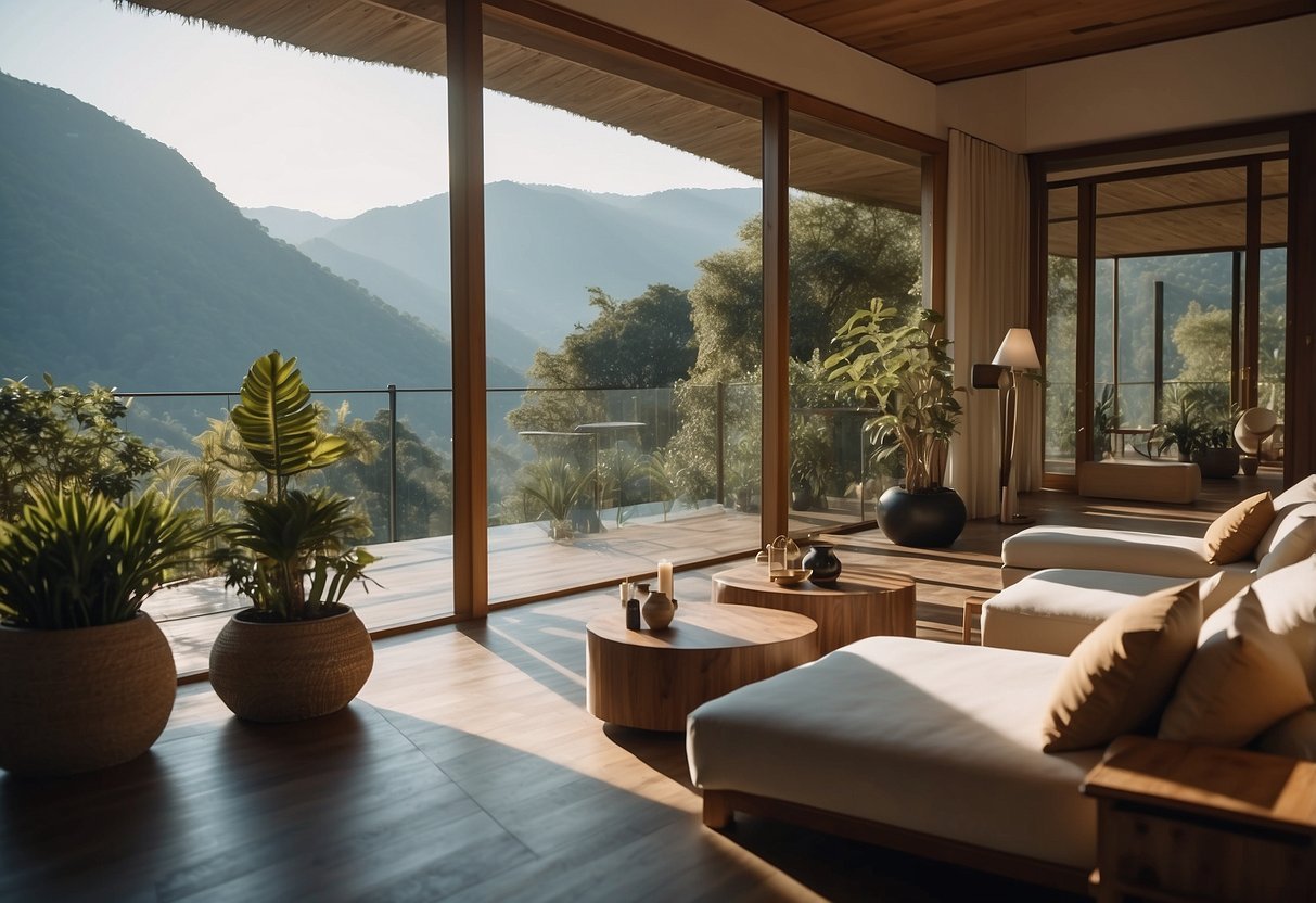 A serene bio hotel with wellness offerings for a health retreat. Sustainable and tranquil environment for a rejuvenating getaway