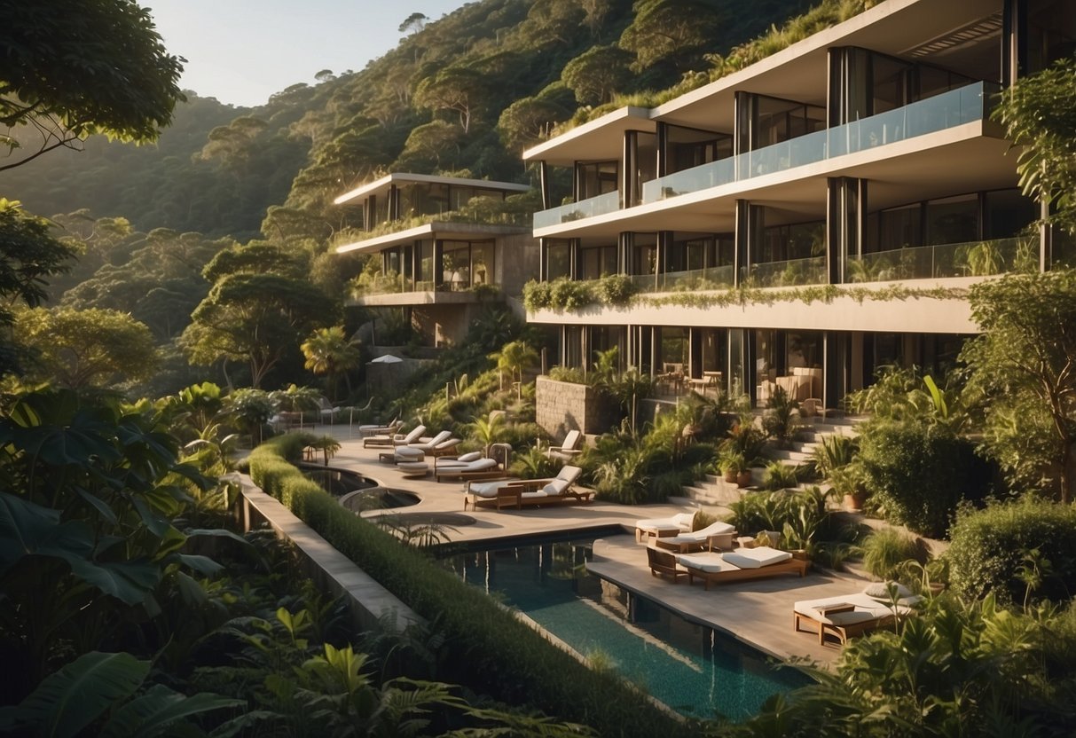 A serene, eco-friendly hotel nestled in nature, with lush greenery and sustainable architecture, perfect for a rejuvenating health retreat