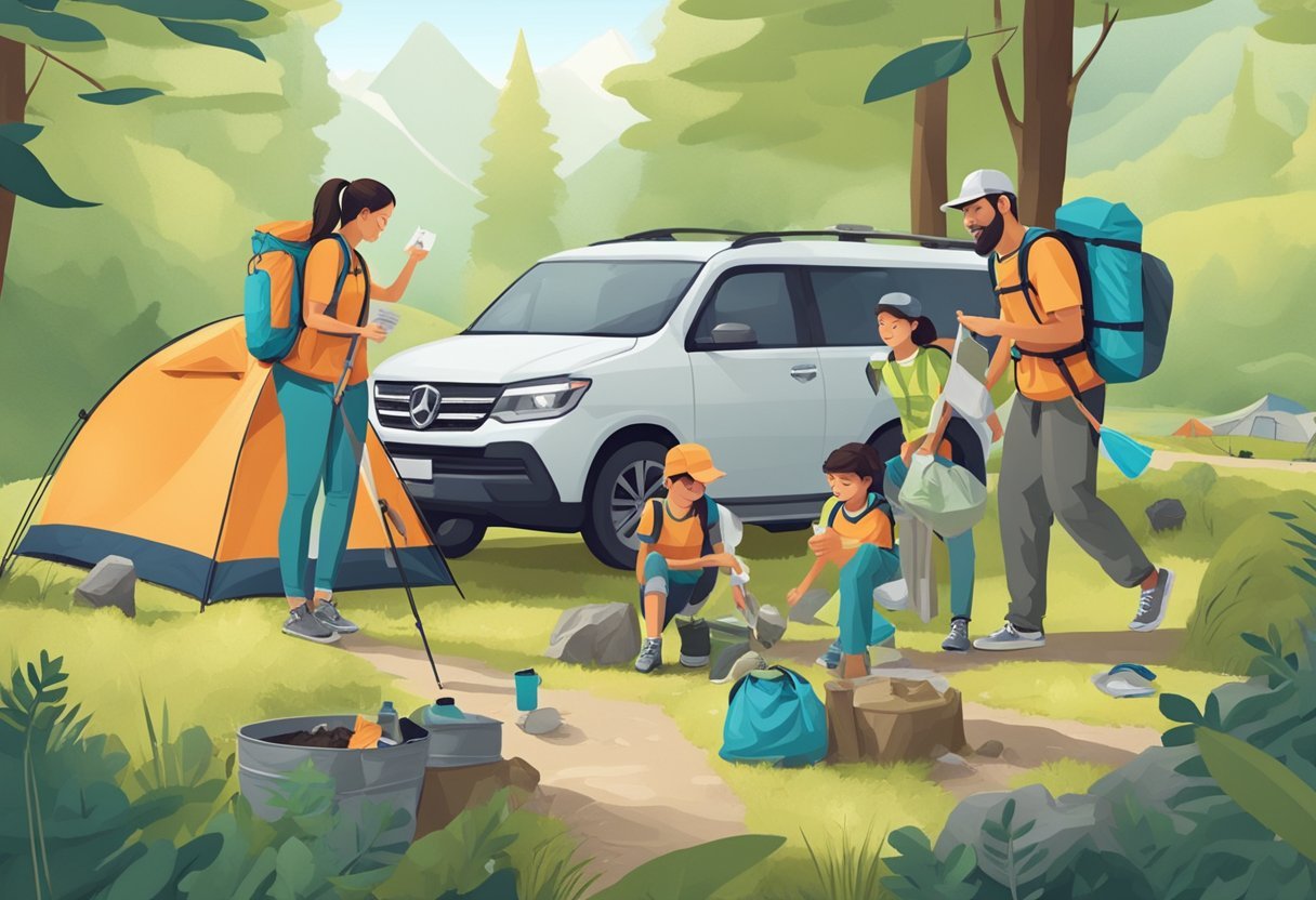 A family camping with reusable gear, hiking with a map, and picking up litter in nature