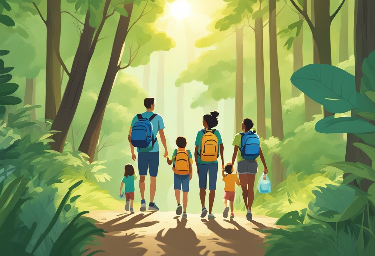 A family of four walks through a lush green forest, carrying reusable water bottles and a backpack. They are surrounded by wildlife and tall trees, and the sun shines through the canopy above