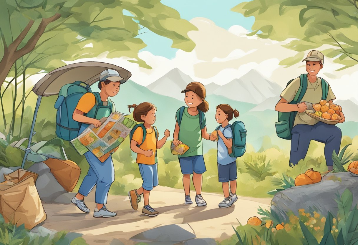A family gathers maps, snacks, and eco-friendly gear for sustainable travel with kids