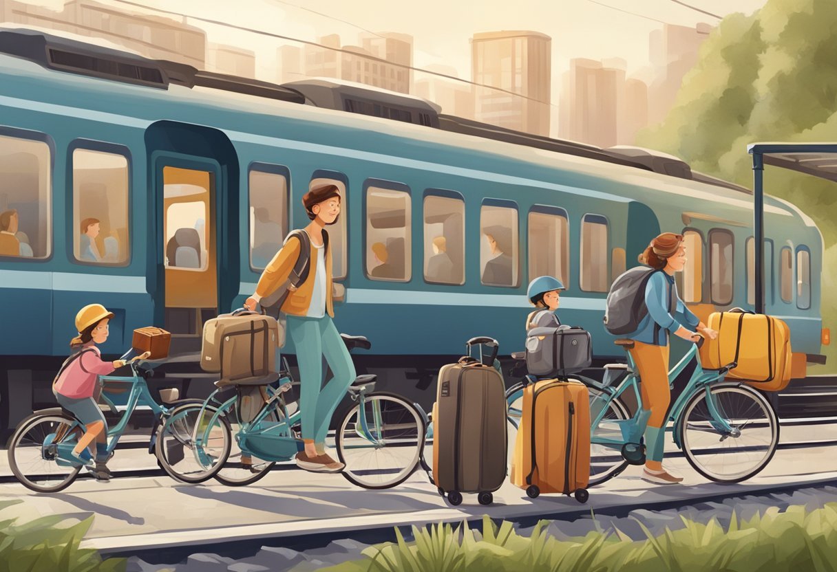 A family arrives at a train station with bicycles and luggage, ready for a sustainable journey with children