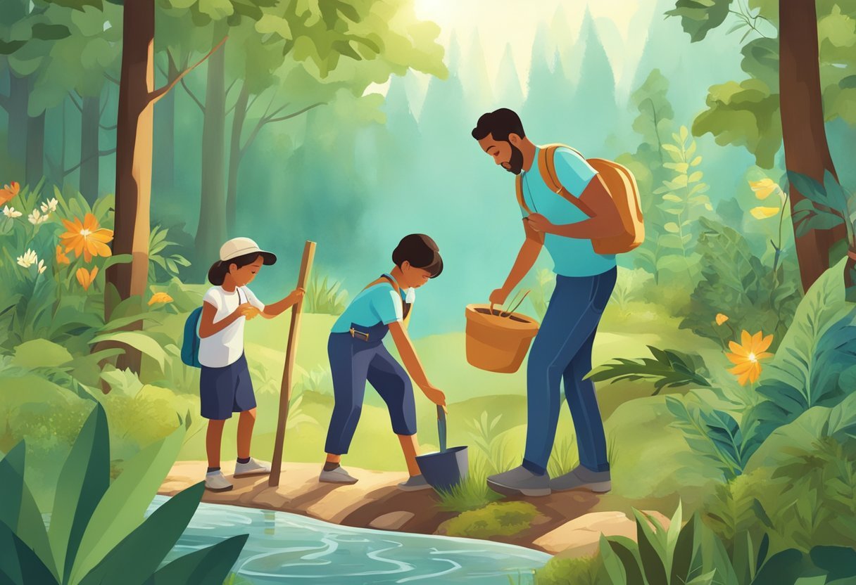 A family planting trees in a lush forest, surrounded by wildlife and clear streams, while practicing sustainable travel with children