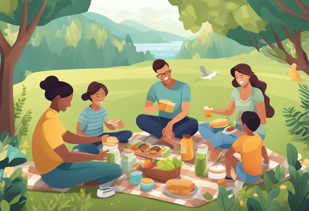 A family picnic with reusable containers and eco-friendly food items, surrounded by nature and wildlife, showcasing sustainable travel with children