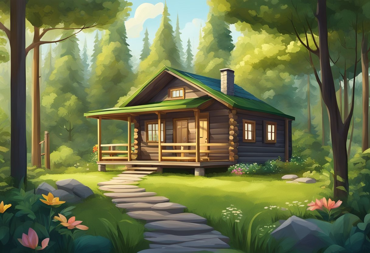 A cozy eco-friendly cabin nestled in a lush, green forest with a small garden and a play area for children