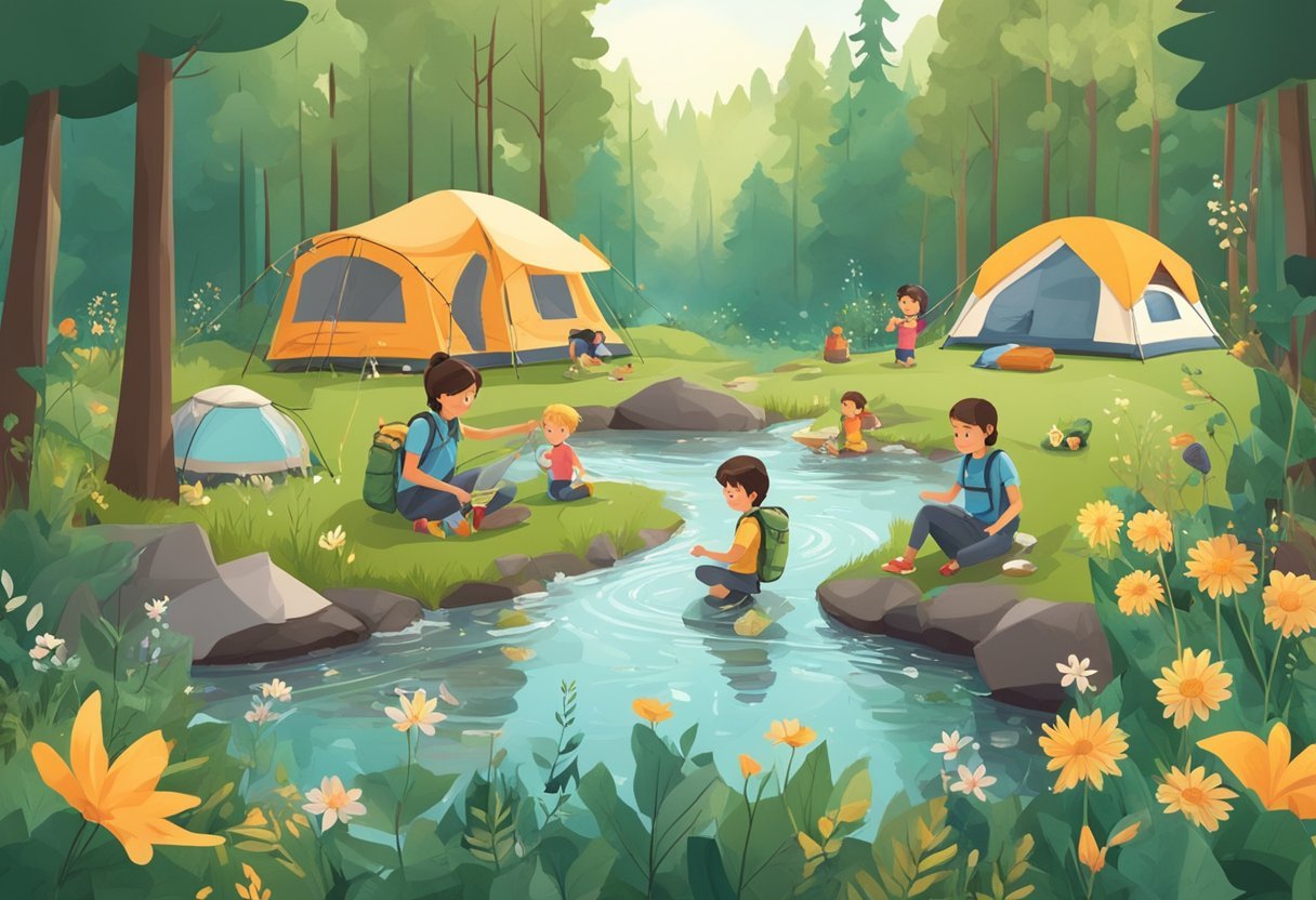 A family camping in a lush forest, using eco-friendly gear and reusable items. Children playing in a clear stream, surrounded by wildlife and blooming flowers