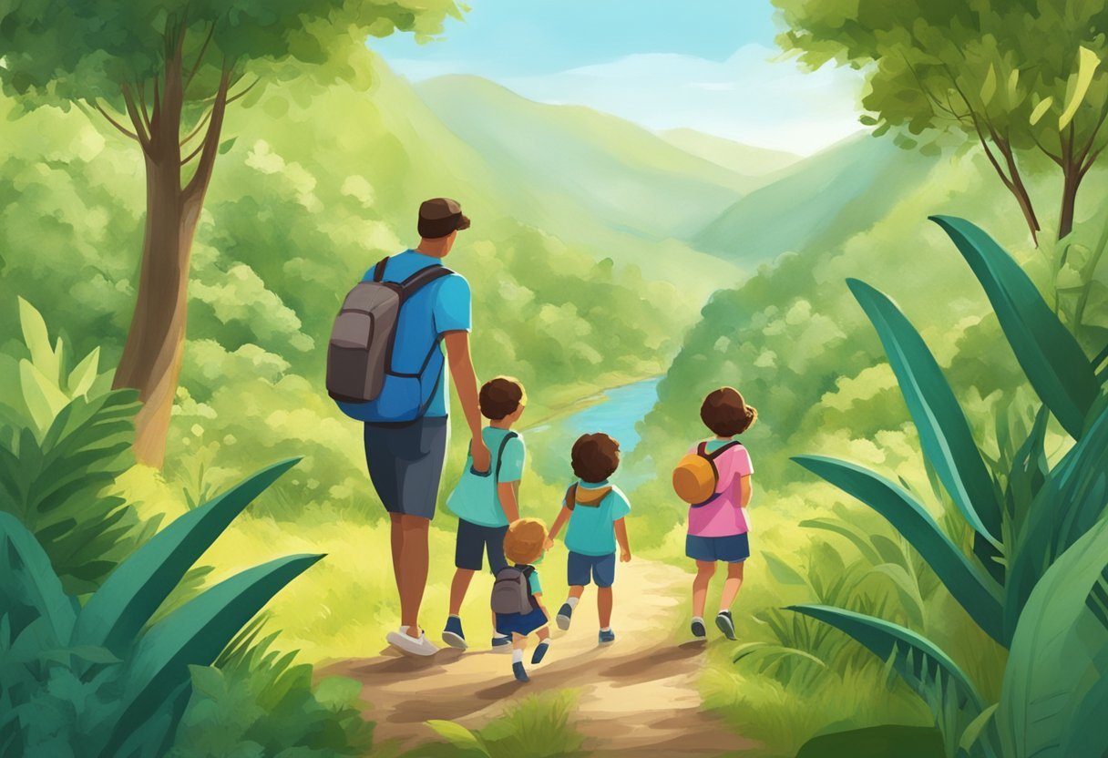 A family explores a lush, eco-friendly destination with their children, engaging in sustainable activities and taking responsibility for their impact on the environment