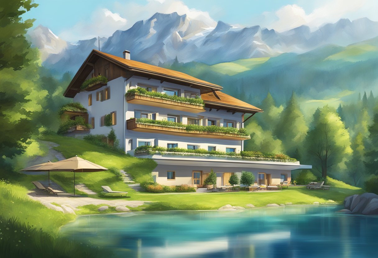 A serene Austrian landscape with a modern, eco-friendly hotel nestled among lush green mountains and clear blue lakes