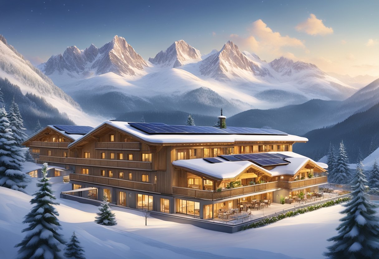 A hotel nestled in the Austrian Alps, surrounded by lush greenery and snow-capped mountains. Solar panels adorn the roof, while guests enjoy locally-sourced organic meals in the eco-friendly dining area