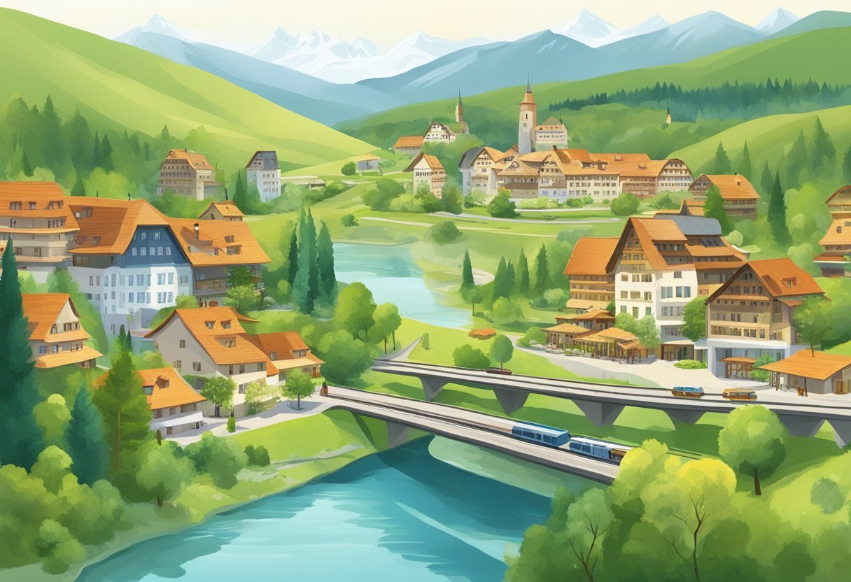 A serene Austrian landscape with eco-friendly hotels and sustainable transportation options