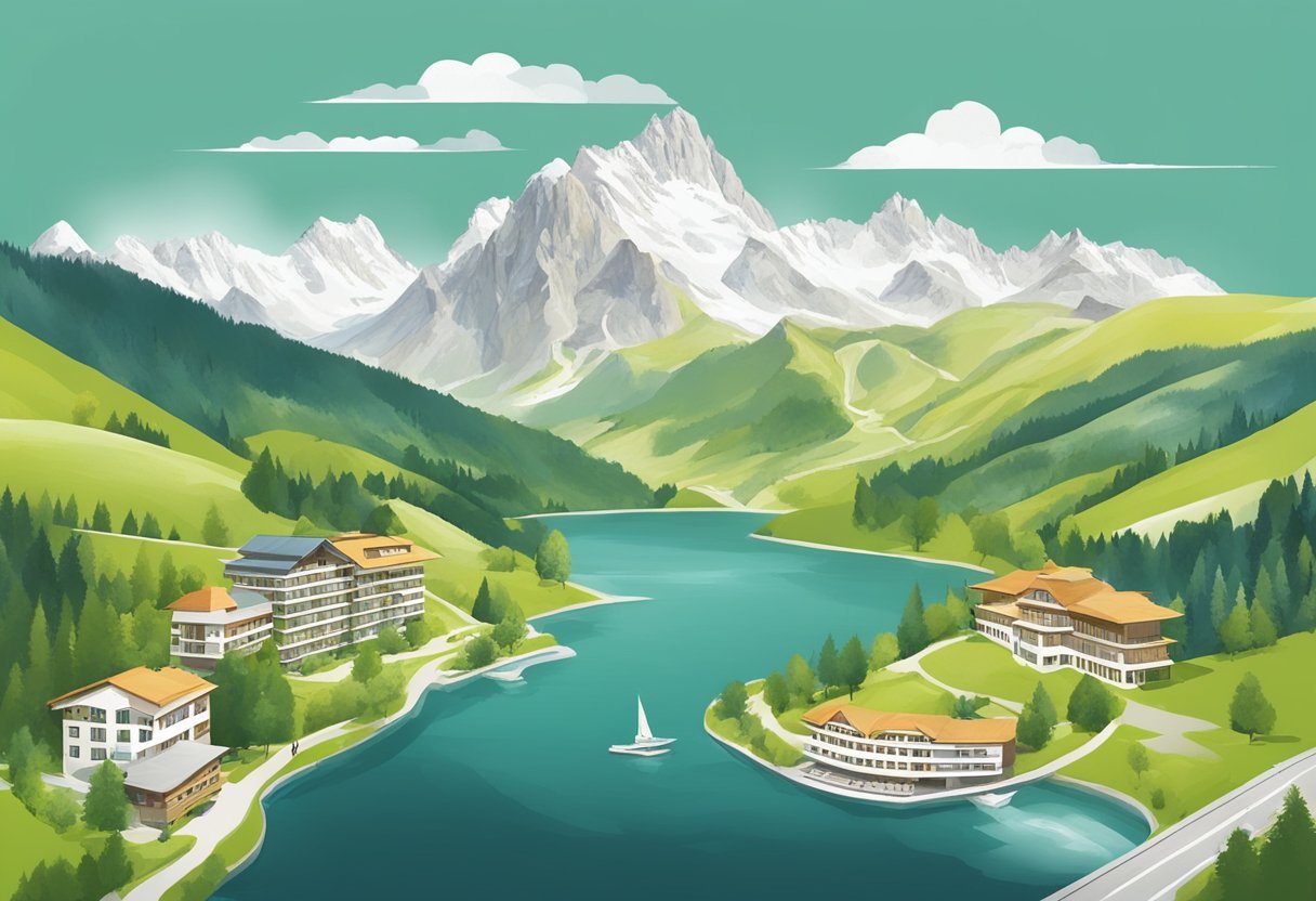 A serene mountain landscape with eco-friendly hotels and sustainable management practices in Austria