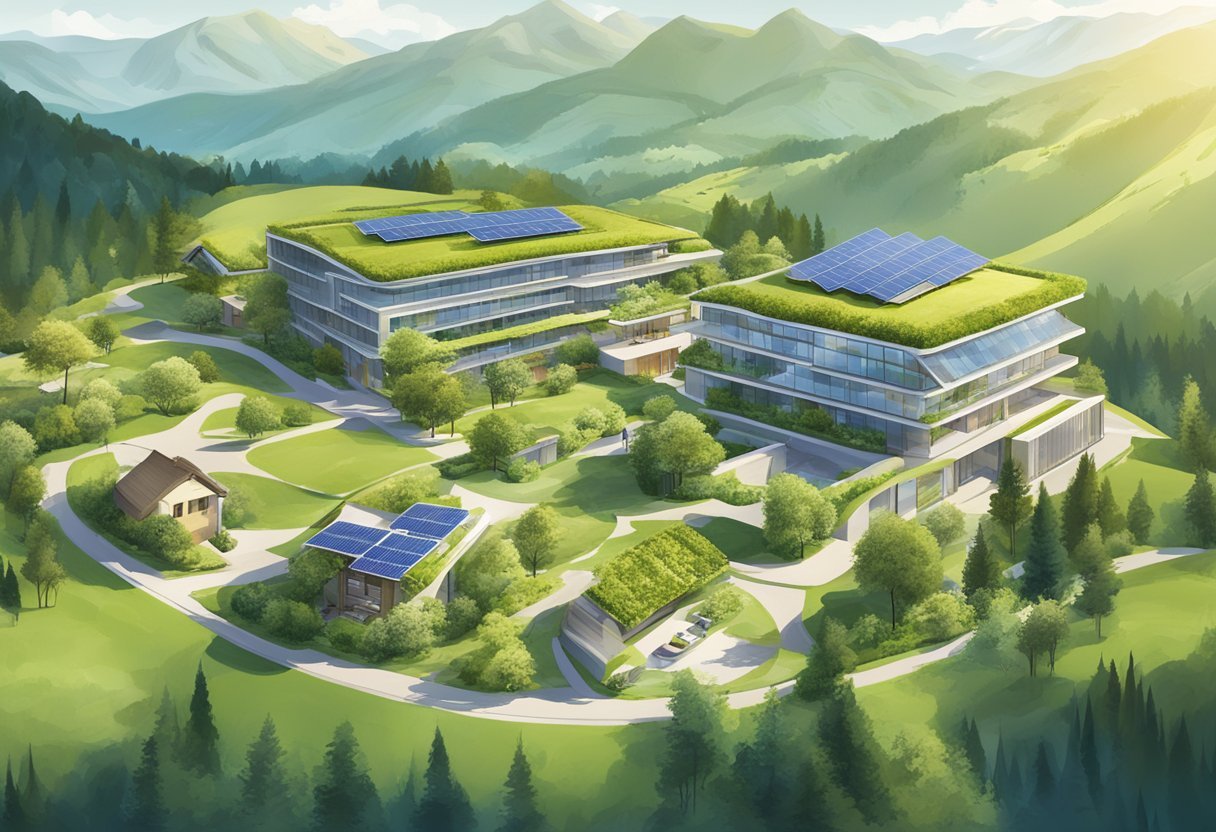 A scenic view of sustainable hotels in Austria, with lush green landscapes, solar panels, and eco-friendly architecture