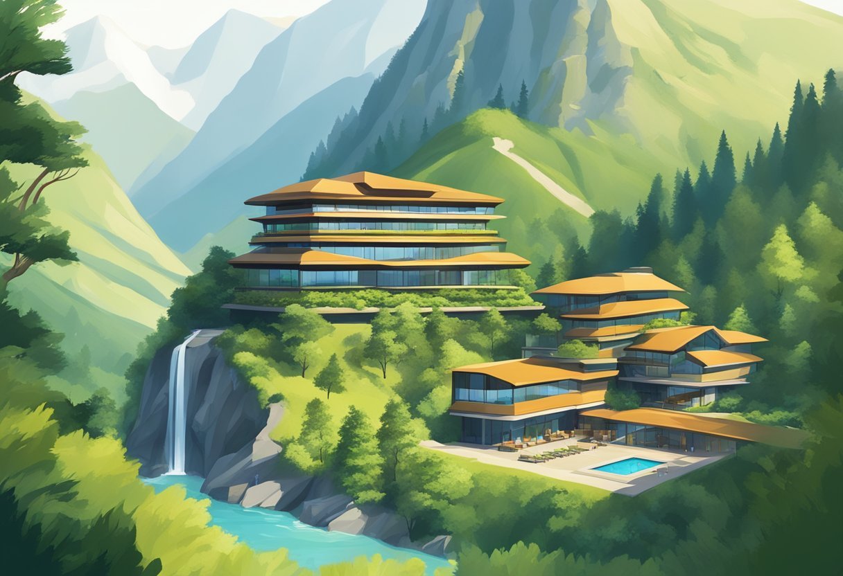 A serene mountain landscape with a modern eco-friendly hotel nestled among lush greenery and surrounded by pristine nature