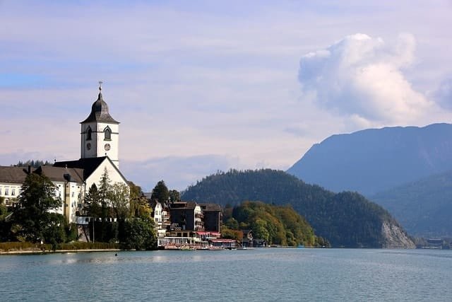 church, lake wolfgang, mountains