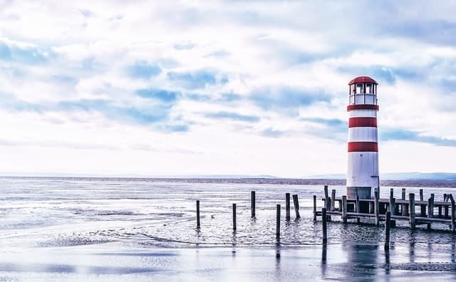 lighthouse, pier, lake