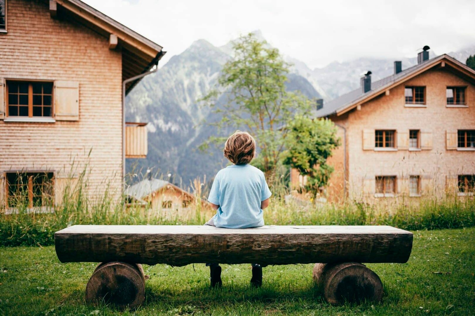 Rear view of boy sitting log bench looking away at view of mountains